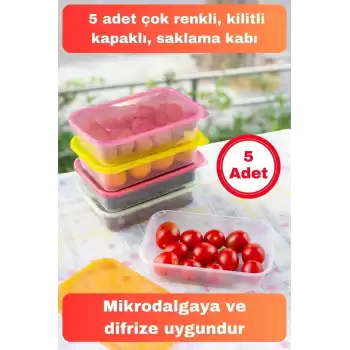 Vip Çok Renkli Kapaklı Mikrodalgaya Uygun 5li Plastik Kuru Bakliyat Yiyecek Erzak Saklama Kabı Seti