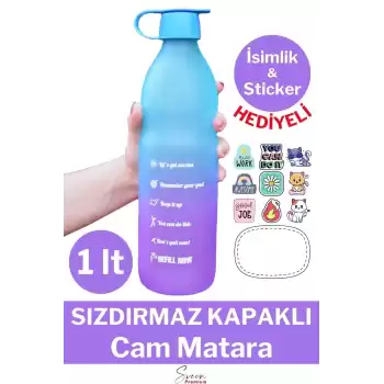Premium Sızdırmaz Motivasyonel Sporcu Cam Renkli Su Matarası 1 Litre Suluk Tritan Bpa İçermez 1 Adet
