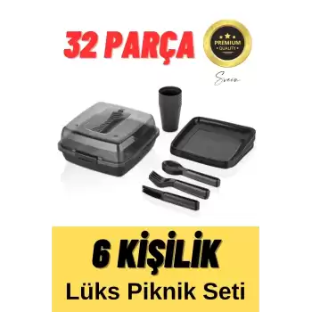 Lüx Piknik Sepeti 6 Kişilik Çatal Bıçak Bardak Tabak Piknik Mangal Kamp Seti 32 Parça