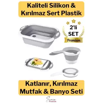 Çok Amaçlı Premium Katlanır Kesme Tahtası Tıpalı Yıkama Leğeni Badya ve Koçero Su Maşrapası 2li Set