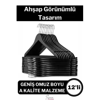 Premium Ahşap Görünümlü Kırılmaz Dayanıklı Plastik A Kalite Siyah Kıyafet Elbise Askı 12li