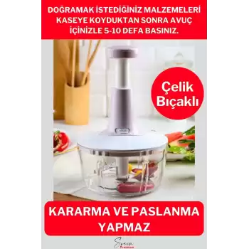 Pratik Taşınabilir Basmalı El Rondo Soğan Sebze Meyve Doğrayıcı Paslanmaz Çelik Bıçaklı El Robotu