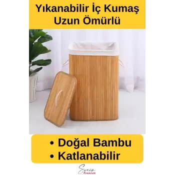 Kapaklı El Yapımı Dekoratif Modern Doğal Ahşap Bambu Banyo Kirli Çamaşır Sepeti 40 X 30 X 60 Cm