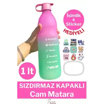 Premium Sızdırmaz Motivasyonel Sporcu Cam Renkli Su Matarası 1 Litre Suluk Tritan Bpa İçermez 1 Adet