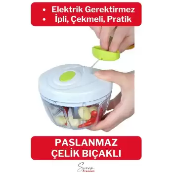 Premium Manuel 3 Bıçaklı Ipli Çekmeli Paslanmaz El Rondosu Kolay Hızlı Meyve Sebze Soğan Doğrayıcı
