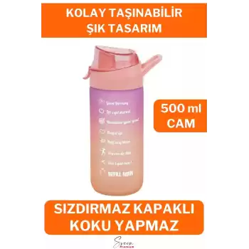 Motivasyonel Cam Su Şişesi Çift Renkli Kapaklı Sızdırmaz Akıtmaz Sporcu Suluk Bpa İçermez 500 ml