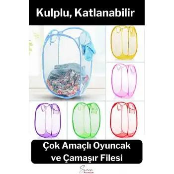 Çok Amaçlı Oyuncak ve Çamaşır Saklama Selesi Katlanabilir Çok Renkli Fileli Eşya İstifleme Sepeti