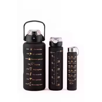 3lü Siyah Motivasyonel Set Su Matarası Şişesi Suluk 2 lt 900 ml 500 ml Tritan Spor Okul Ofis Günlük