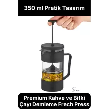 Premium Kahve ve Bitki Çayı Demleme Hazırlayıcı French Press Pratik Kulplu Demlik 350 ml Siyah