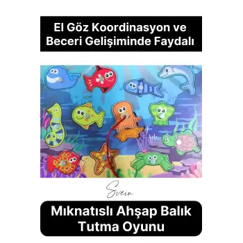 Ahşap Mıknatıslı Balık Tutma El Göz Koordinasyon Çocuklara İnce Motor Beceri Eğitici Öğretici Oyunu