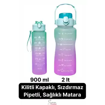 2li Pipetli Sızdırmaz Bpa free Motivasyon Sporcu Suluk Matara Günlük Su Şişesi 2 lt 900 ml