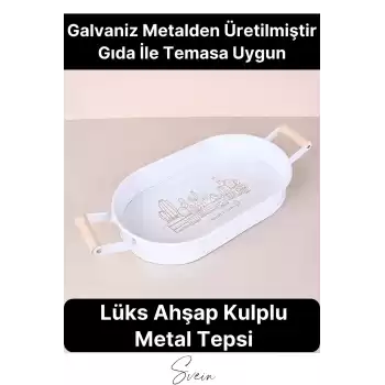 Lüks Ahşap Kulplu Geniş Metal Oval Krem Renk Servis Sunum Tepsi Sweet Home Yazılı Dekoratif Modern