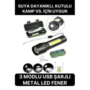 3 Modlu Güçlü Usb Type-C Şarjlı Mini Su Geçirmez Metal Taşınabilir Kutulu Kamp Işık Led El Feneri
