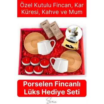 Deluxe Sevgililer Günü Anneler Günü Özel Kutulu Porselen Kahve Fincanı Kar Küresi Mum Hediye Seti