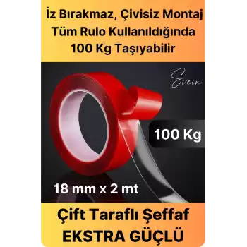 100 Kg Şeffaf Çift Taraflı Çok Amaçlı Güçlü Tamir Silikon Bant Dış Mekan Akrilik Bandı 18 mm-2 mt