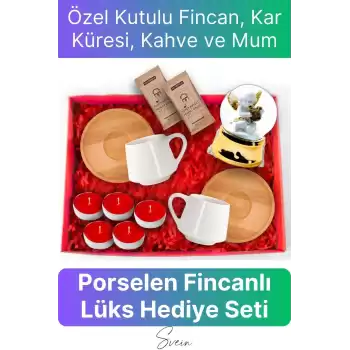Premium Sevgiliye Anneye Öğretmene Özel Kutulu Porselen Kahve Fincanı Kar Küresi Mum Seti