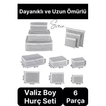 6lı Valiz Bavul Düzenleyici Seyahat Çantası Organizer Hurç Set Fermuarlı Gri Çizgi Fileli