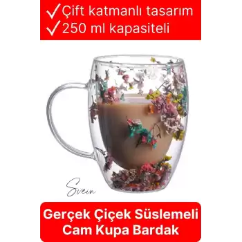 Premium Kurutulmuş Çiçekli Şık Çift Katman Cam Kupa Bardak Hediyelik Kulplu Fincan 250 ml
