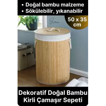 Premium Yuvarlak Bambu Kirli Çamaşır Sepeti Dekoratif Katlanabilir Yıkanabilir Geniş Hacim Hazneli
