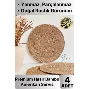 4lü Premium Yuvarlak Hasır Bambu Amerikan Servis Örme Supla Sofra Yemek Masası Yanmaz Tabak Altlığı
