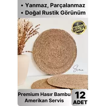 12li Premium Yuvarlak Hasır Bambu Amerikan Servis Örme Supla Sofra Yemek Masası Yanmaz Tabak Altlığı