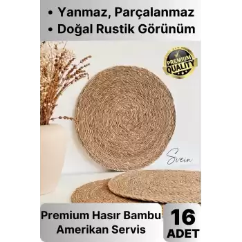 16lı Premium Yuvarlak Hasır Bambu Amerikan Servis Örme Supla Sofra Yemek Masası Yanmaz Tabak Altlığı