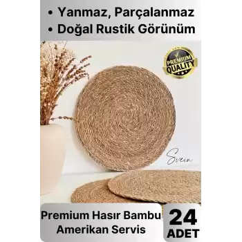 24lü Premium Yuvarlak Hasır Bambu Amerikan Servis Örme Supla Sofra Yemek Masası Yanmaz Tabak Altlığı