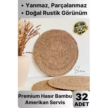 32li Premium Yuvarlak Hasır Bambu Amerikan Servis Örme Supla Sofra Yemek Masası Yanmaz Tabak Altlığı