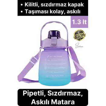 Askılı 1.3 Lt Pipetli Kilitli Sızdırmaz Kapak Tutacaklı Çift Renk Motivasyon Suluk Matara Kamp Okul