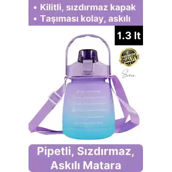 Askılı 1.3 Lt Pipetli Kilitli Sızdırmaz Kapak Çift Renk Motivasyon Suluk Matara Bpa İçermez Tritan