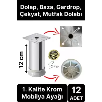 12 Adet 1. Sınıf A Kalite Krom Tablalı Ayarlanabilir Baza Koltuk Kanepe Ayağı Mobilya Tv Ünitesi