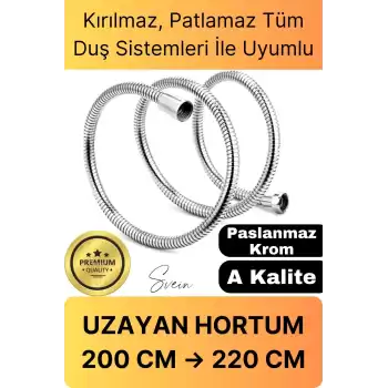 Lüks Paslanmaz Krom Kırılmaz Çatlamaz Tüm Duş Sistemleriyle Uyumlu Uzayan Spiral Hortum Örgü 2,2 mt