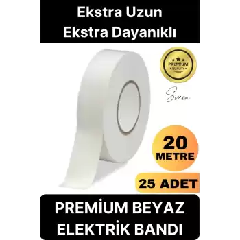 25 Ad. Premium Kalite 20 Mt Kablo Yalıtım PVC Elektrik Bandı Dayanıklı Sızdırmaz Koruma Bant Beyaz