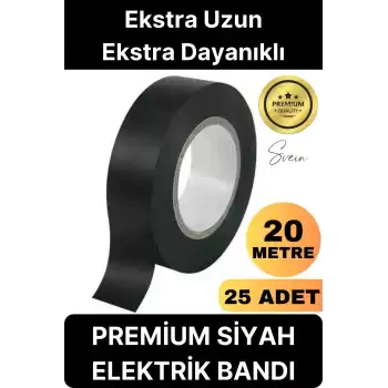 25 Ad. Premium Kalite 20 Mt Yalıtım İzole PVC Elektrik Bandı Su Geçirmez Sızdırmaz Koruma Bant Siyah