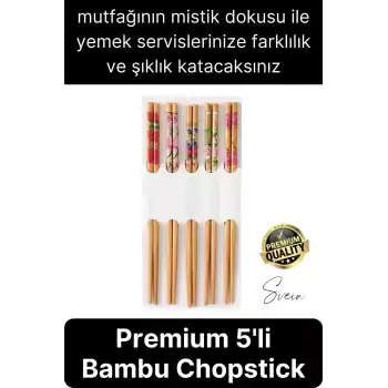 Premium Bambu 5li Kaymaz Yıkanabilir Desenli Çin Yemek Çubuğu Uzakdoğu Asya Mutfağı Chopstick Set