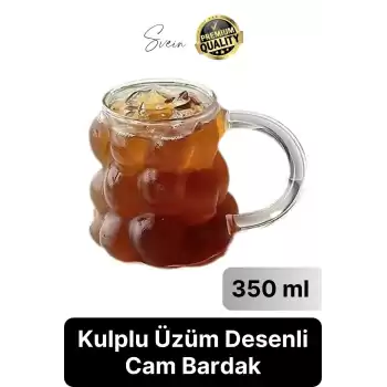 Özel Tasarım Borosilikat Cam Kulplu Üzüm Bardak Boncuk Şekilli Kahve Sunum Kupası Isıya Dayanıklı