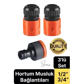 3lü Hortum Musluk Bağlantı Seti 1/2” - 3/4” Otomatik Kopmaz Çıkmaz Kırılmaz Dayanıklı Bahçe Sulama