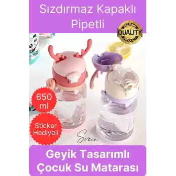 Özel Geyikli Tasarım Pipetli Sızdırmaz Kapaklı Gıdaya Uygun Çocuk Su Matarası Askılı Suluk 650 ml
