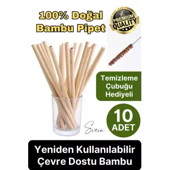 Özel Üretim Bambu 10 Adet Doğal Sağlıklı Yeniden Kullanılabilir Yıkanabilir Çevre Dostu Pipet Kamış