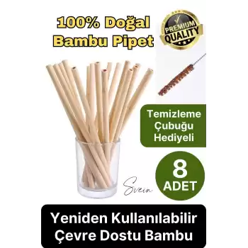 Özel Üretim Bambu 8 Adet Doğal Sağlıklı Yeniden Kullanılabilir Yıkanabilir Çevre Dostu Pipet Kamış