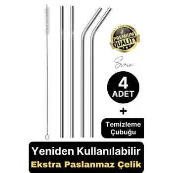 4 Adet Paslanmaz Çelik Pipet Yeniden Kullanılabilir Metal Temizleme Fırçası Meşrubat İçecek