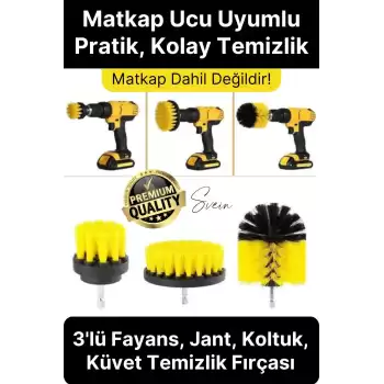 Premium 3lü Matkap Ucu Temizleme Fırça Seti Jant Fayans Mermer Küvet Koltuk Çok Amaçlı Temizlik