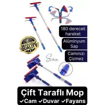 Teleskopik Çift Taraflı Pratik Cam Duvar Fayans Silme Aparatı Çekçekli Mop Uzayabilen Pencere