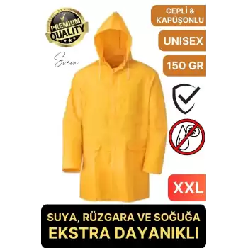 Premium Sarı XXL 150 gr Kapüşonlu Cepli Yağmurluk Su Rüzgar Soğuk Geçirmez Unisex Çıtçıtlı Pardösü