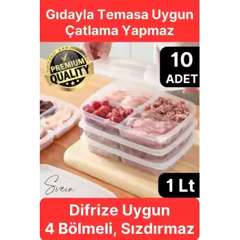 10 Adet 1 Lt 4 Bölmeli Difriz Dondurulmuş Öğünlük Et Sebze Saklama Kabı Derin Dondurucu Organizer