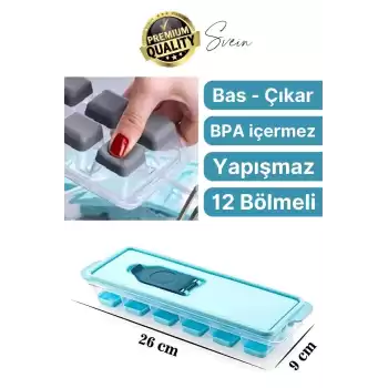 Premium 12 Bölmeli Pratik Bas Çıkar Silikon Buzluk Yapışmaz Kalıp Sızdırmaz Kapaklı Hava Geçirmez