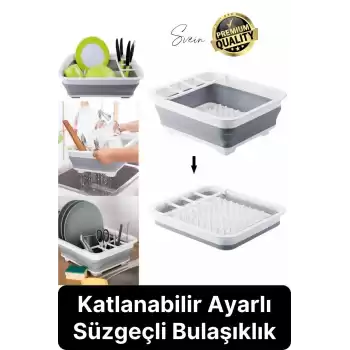 Pratik Katlanabilen Ayarlı Silikon Beyaz Bulaşıklık Kurutmalık Sepet Çatal Kaşık Hazneli Süzgeçli