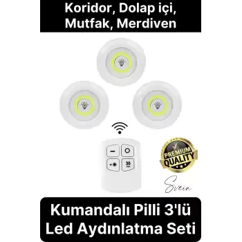Kablosuz Uzaktan Kumandalı Beyaz 3lü Led Okuma Işık Gece Lambası Mutfak Dolap Koridor Pilli Dolapiçi