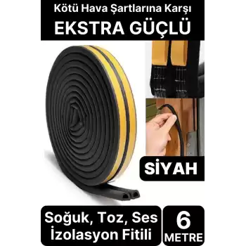 6 Metre Siyah Pvc Doğrama Kapı Pencere Soğuk Geçirmez Sızdırmaz İzolasyon Fitil Yapışkanlı 3x2=6 mt