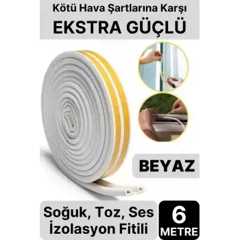 6 Metre Beyaz Pvc Doğrama Kapı Pencere Soğuk Geçirmez Sızdırmaz İzolasyon Fitil Yapışkanlı 3x2=6 mt